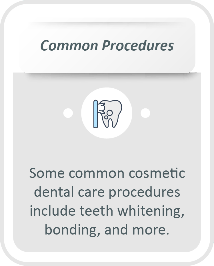 Cosmetic dental care infographic: Some common cosmetic dental care procedures include teeth whitening, bonding, and more.